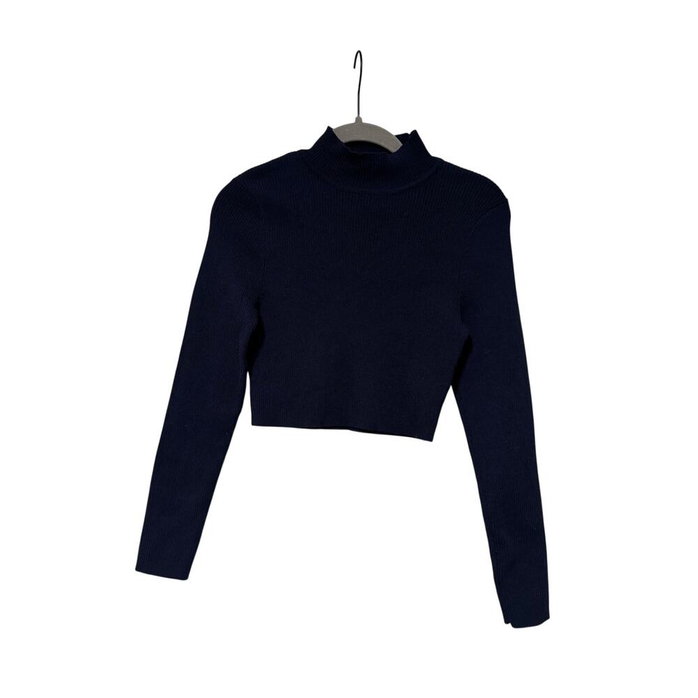 H&M Divided Navy Blue Ribbed Mock Neck Crop Sweater Women’s Size Small - Picture 2 of 5